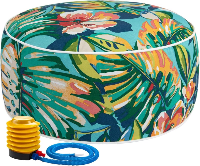 FUNHOME Inflatable Stool Ottoman Footrest with Handle, All Weather Footrest Seat with Foot Pump D20 xH9, Water Repellent Footstool Pouf for Home Patio Garden and Camping Use-Rosario Flower Leaf - Image 1